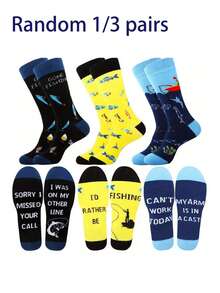 1/3 pares de calcetines de media caña aleatorios para entusiastas de la pesca, calcetines casuales cómodos y transpirables con diseños de dibujos animados