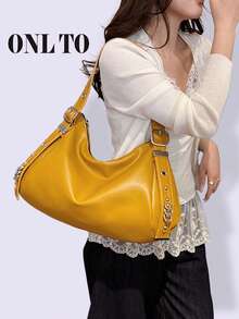 1pc Retro-Chic, High-End Luxury Style, Large Capacity, Studded Embellishments, Fashionable Women's Handbag, Ladies' Tote Bag, Motorcycle Bag, Suitable For Daily Commuting.
