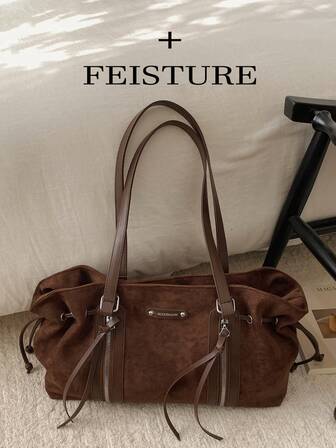 1 pieza Bolso de hombro de gran capacidad de tela de ante FEISTURE, bolso de mano con cordón de moda, cierre con cremallera, adecuado para chicas, mujeres, estudiantes universitarias, jóvenes profesionales, excelente para el trabajo, los negocios, los desplazamientos, la escuela