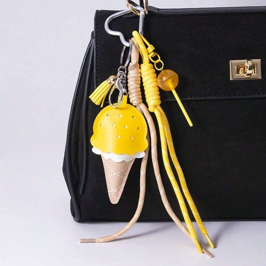 Colgante de helado de cuero creativo y lindo, accesorio de bolso en forma de mini piruleta - Amarillo - Ver 1