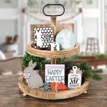 Easter Tiered Tray Decorations Set Of 16 Carrot Bunny Spring Tray Decor Wooden Sign For Desktop Home Holiday - 白色 - 查看 2