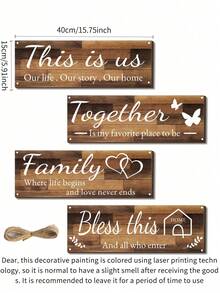 四件套木制乡村艺术家居墙饰，幸福家庭祝福语墙饰，客厅卧室农舍壁画，主题节日派对乔迁新居装饰礼品 - 彩色 - 查看 8