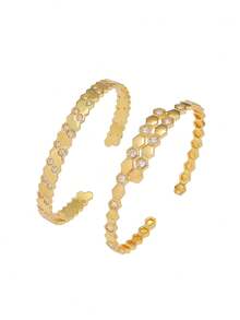 Bộ 3 vòng tay thép không gỉ trang trí đá Cubic Zirconia thanh lịch, trang sức thời trang có thể xếp chồng lên nhau, thích hợp cho phụ nữ dự tiệc, đeo hàng ngày, làm quà tặng ngày lễ - Bộ 2 món vàng - Xem 6