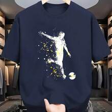 Luxury Summer Football Shirt For Boys, 100% Premium Cotton, Breathable And Lightweight, With A Casual Print And Football Player Design For Casual Weekend Wear. - 海軍藍/黑色 - 查看 2