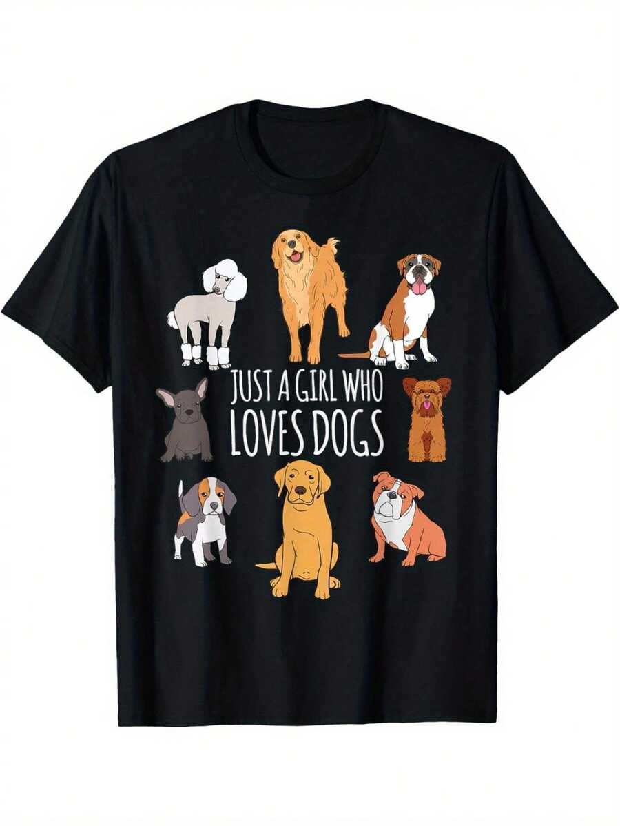 Funny Dog Lover T-Shirt - Cute Dog Photographer Graphic Tee With The Phrase 'Just A Dog Lover' - Soft, Non-See-Through Fabric, Casual Everyday Tee - Perfect Gift For Women And Dog Owners - All-Season Pet Clothing, Dog Tee, Cartoon Design, Comfortable Fit, Eye-Catching Tee, Animal Print Lover, Crew Neck Tee, Breathable Material, Short Sleeve Tee, Animal Print Tee, Pet Lover - 黑色 - 查看 1