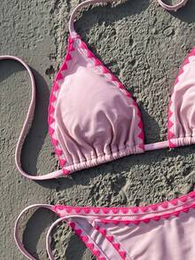 Women's Colorblock Ruffle Trim Bikini Set, Featuring Adjustable Triangle Cups And Tie Design, Suitable For Beach Vacation And Retro Style Summer - Hot Pink - View 3