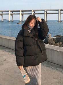 Versión coreana corta de la chaqueta de algodón de plumón chaqueta de algodón estudiantes pan ropa chaqueta Abrigo de algodón de moda invernal para mujer: chaqueta corta de algodón rellena de plumón estilo coreano Abrigo estilo pan de estudiante: chaqueta de algodón gruesa, cálida y holgada con cierre de hebilla diagonal - Negro - Ver 6