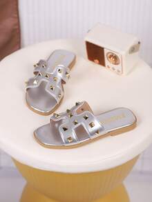 1 Pair Children's PU Casual Fashion Slippers, Suitable For Summer - Silver - View 4