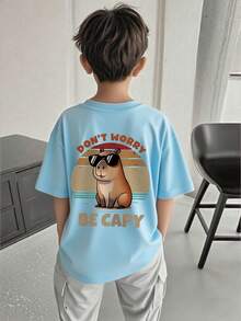 Tween Boys Students Casual Printed Round Neck Short Sleeve T-Shirt, Summer Top - Baby Blue - View 5