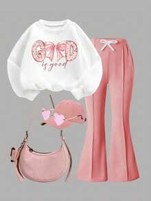 Young Girl Slogan Bow Print Crew Neck Sweatshirt And Flare Pants Casual Outfit - White - View 2