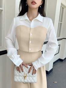 abyoxi 女士杏色和白色撞色领长袖单排扣短款衬衫，休闲通勤日常简约办公穿搭，适合秋冬季穿着 - 杏色 - 查看 6