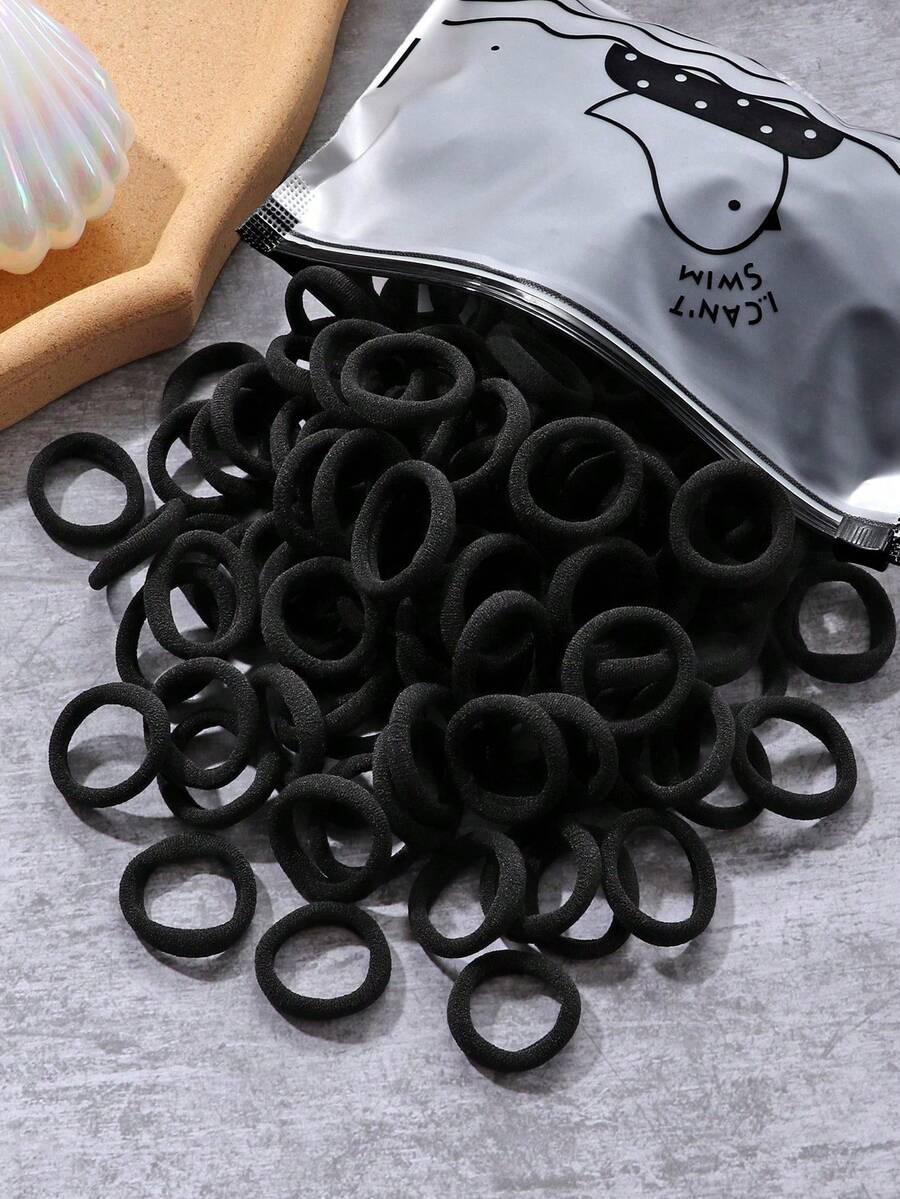 100pcs Black Hair Ties, Elastic Rubber Hair Bands, Women's Solid Color Ponytail Holders, Hair Accessories, High Elastic Towel Hair Ring, All-Purpose Hair Bands For Hairstyling Diy - Black - View 1