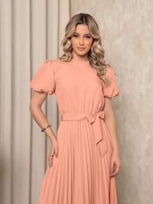 Women's Long Crepe Dress With Puff Sleeves, Tie Waist, And Pleated Skirt - Elegant And Sophisticated - 三文魚色 - 查看 4