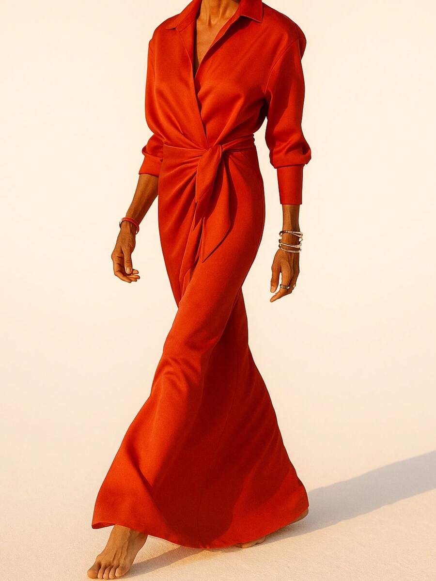 Elegant Lapel Wrap Front Maxi Dress - Đỏ - Xem 1