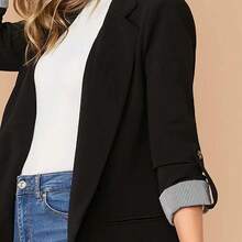 Blazer de Rayas de Otoño e Invierno para Mujer, Casual de Manga Larga, Cárdigan Básico, Chamarra - Negro - Ver 7