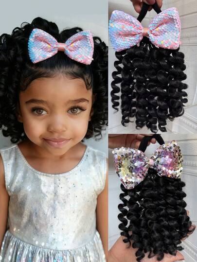 1pc 8inch Kids Deep Wave Ponytail With Shiny Bow Clip Go Afro Kinky Marley With Elastic For Girls