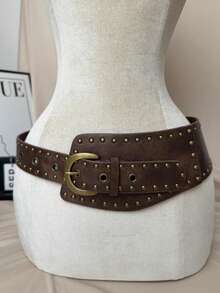 1pc Y2K American Girl Style Rivet Small Curved Waist Belt, New Arched Waistband Versatile Asymmetrical Waist Belt Fall, Autumn, Halloween - Brown Silver Buckle - View 7