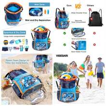Mochila con cordn a prueba de, mochila de malla con compartimento para zapatos, bolsa de natacin para playa, piscina, bolsa de piscina con bolsillos para artculos de cambiador, bolsa hmeda - Azul-Naranja - Ver 1