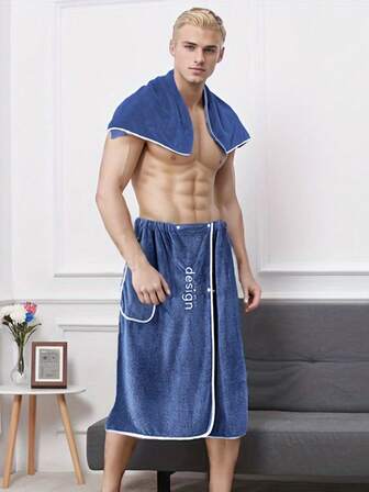 2pcs Men's Wearable Bath Towel, Embroidered Pocket Bath Kilt, Soft Coral Fleece Absorbent Shower Wrap, Solid Color Bath Robe, Bathroom Supplies, Men's Sauna Kilt, Spa Sauna Wrap, Face Towel