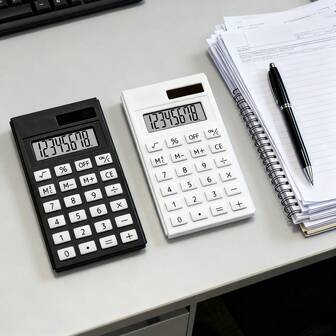 2 piezas Calculadora de gran pantalla de 8 dígitos con alimentación dual solar y de batería, con funciones de raíz cuadrada, porcentaje, memoria y retroceso. Adecuada para negocios, oficina, finanzas, comercio minorista y cálculos estudiantiles. Diseño elegante en negro y blanco, botones claros y receptivos, sin problemas con las baterías.