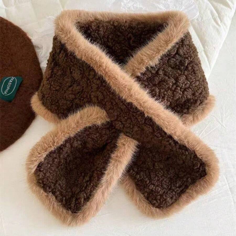Winterlicher Lammwollschal, dicker, warmer und vielseitiger Halswärmer für Damen, flauschiger Halswärmer im neuen Stil, Plüschhalsschal - Dunkelbraun - Übersicht 1