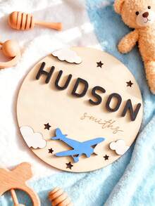 1pc Custom Kids Teen Announcement Sign, Personalized Newborn Name Wood Sign With Butterfly Shape, 2 Sizes, Round Wooden Birth Name Plaque, Hello World Reveal Photo Props, Perfect New Parent Souvenirs, Baby Birth Announcement Wooden Plate Baby Girl Boy Alphabet Graphic Monthly Milestone Card Hello World Newborn Logo, Baby Name Reveal, Shower Gift For Newborn, Gifts Back To School, Baby Gift, Gift For Kid, New Mom Gifts - Tên lửa Sao và Mặt Trăng - Xem 10