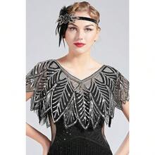 Shawl Wraps Sequin Beaded Evening Cape Bridal Shawl - Black Silver - View 2