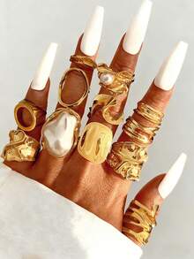 Set 3 buah cincin logam bergaya bohemian elegan vintage dengan desain mutiara bergelombang asimetris untuk wanita, cocok untuk pemakaian sehari-hari dan pesta, dapat ditumpuk, hadiah. - Emas 2 - View 2