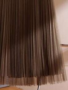 LuminousWealth Women's Elegant Pleated Mesh A-Line Skirt, Suitable For Casual Or Office Wear, Minimalist & Graceful | Polyester Mesh Skirt - Brown - View 3