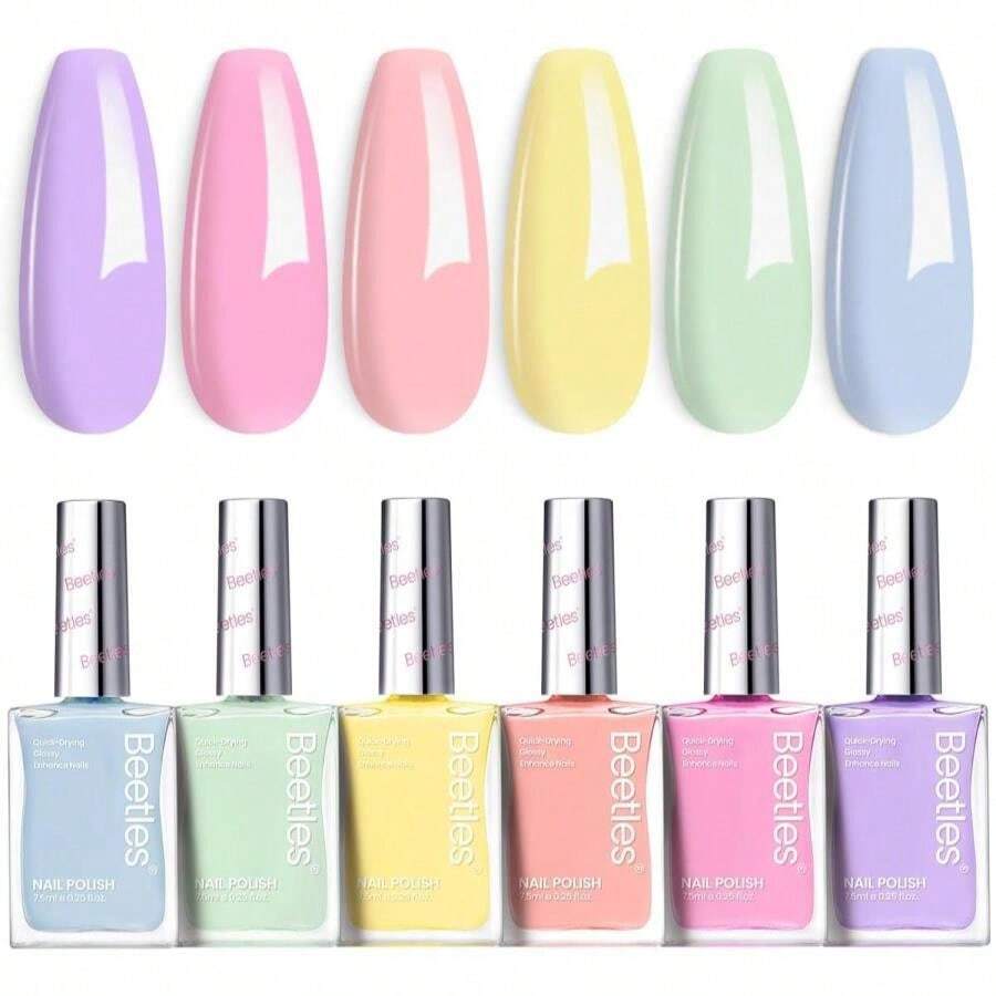 Beetles Pastel Nail Polish Set -6 Colors Pink Blue Yellow Nude Pink Purple Nail Polish Set Quick Dry Finger DIY Air Dry Nail Art Salon Home Pastel Reverie Gift For Women - Màu xanh Cadet - Xem 1
