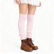 1 Pair Women Solid Color Vertical Stripe 90cm Long Knitted Leg Warmers, Versatile, All Season - Pink - View 7