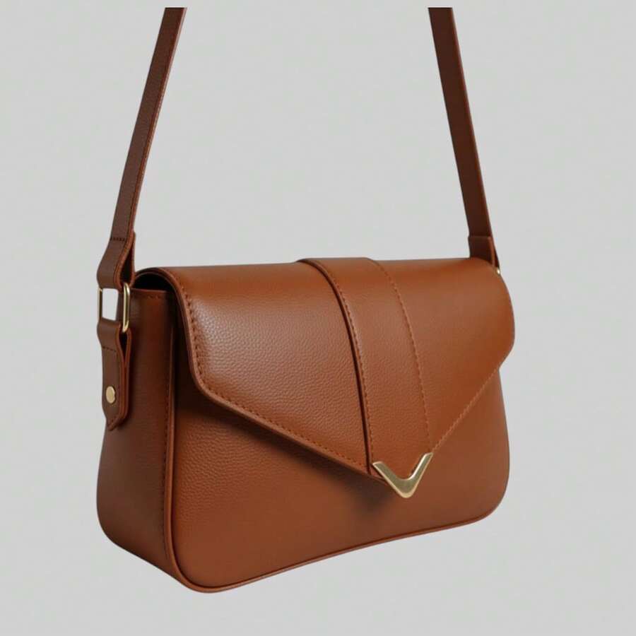 Women's Shoulder Bag With Gold Details. Envelope Bag With Magnetic Closure. - Camel - View 1