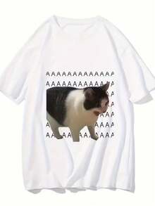 AAAAA Cat Meme T-Shirt Unisex Men's And Women's Blouse 100% Cotton Premium Top Streetwear New Release Immediate Shipping Various Colors!! Plus Size - 白色 - 查看 1