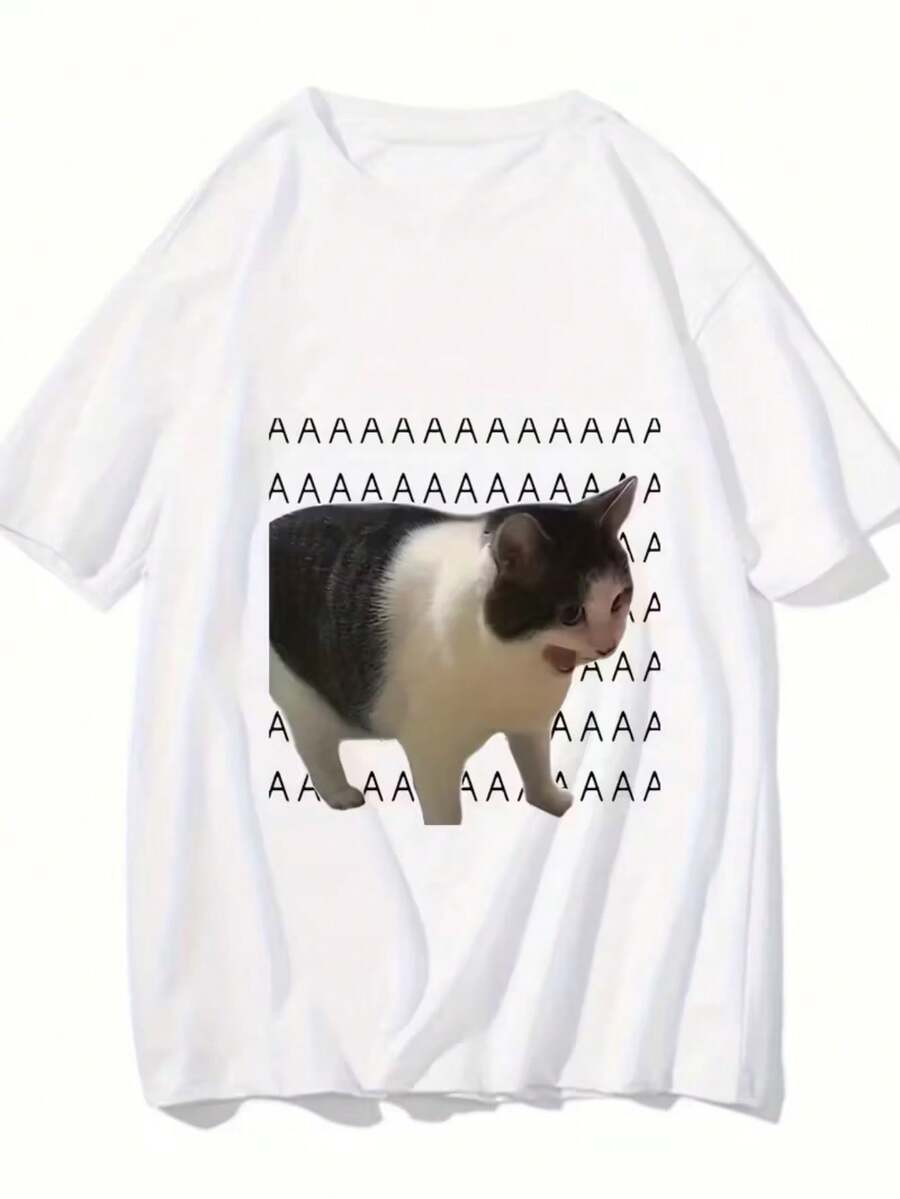 AAAAA Cat Meme T-Shirt Unisex Men's And Women's Blouse 100% Cotton Premium Top Streetwear New Release Immediate Shipping Various Colors!! Plus Size - 白色 - 查看 1