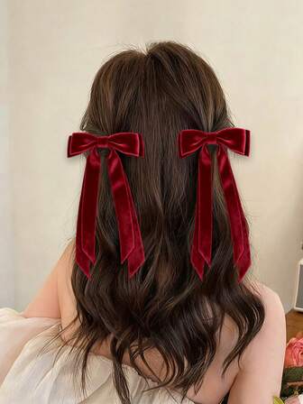 2 st. vinröda hårspännen med rosett, håraccessoarer med dubbla lager, lämpliga för kvinnor som deltar i fester, långa hårspännen med rosett, håraccessoarer för höst/vinter, lämpliga för flickor och damer, klospännen, hårspännen