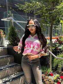 Camiseta suelta de mujer con estampado digital rosa de estilo dulce de dopamina y recortes, del verano - Rosa - Ver 1