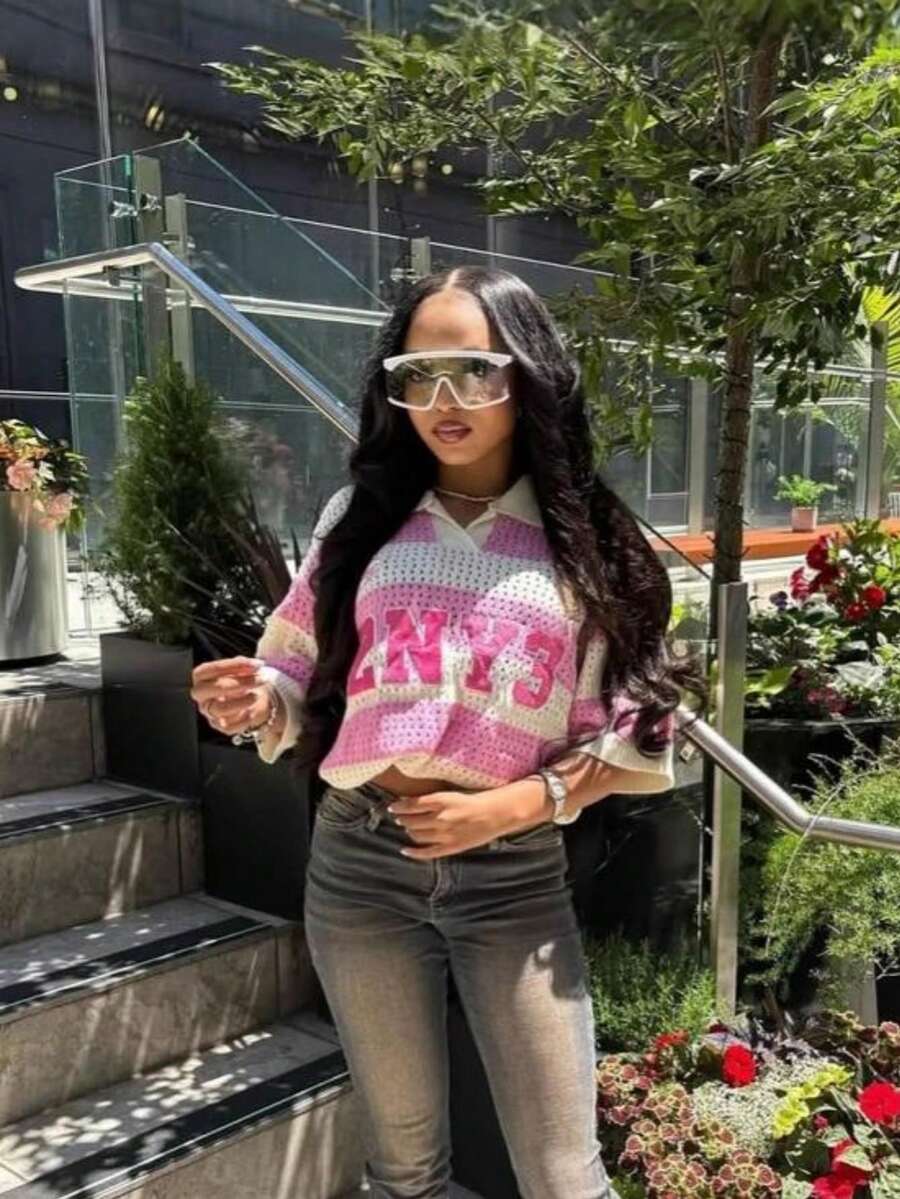 Camiseta suelta de mujer con estampado digital rosa de estilo dulce de dopamina y recortes, del verano - Rosa - Ver 1