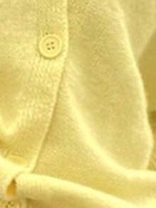 女士时尚优雅休闲日常通勤纯色浅黄色单排扣短袖开衫，下摆、领口、袖口、腋下饰有条纹设计 - 黃色 - 查看 3