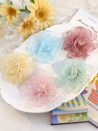 5/10 st konstgjorda blomhuvuden, 3,94/1,77 tum organzablommor med brinnande kanter, för gör-det-själv-huvudbonader, presentaskar, klädaccessoarer, högtidsdekorationer, bröllopsfestdekorationer, heminredning, vår-/sommardekorationer