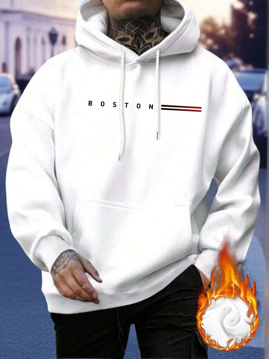 Men's Casual Boston Design Print Loose Pocket Hoodie Sweatshirt, Comfortable Sports Wear Choice For Autumn/Winter, Long Sleeve Top - White - View 1