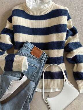 Elegant Casual Autumn/Winter Warm Knit Jumper Green Striped Comfortable Skin-Friendly Crew Neck Long-Sleeved Knitted Pullover,Fall Clothes For Women, Winter Clothes For Women,Fall Tops,Work/Office, Business Casual Woman