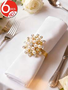 6/12pcs Gold Rose Petal Pearl Napkin Rings, White Polyester Napkins, Suitable For Room Decor, Dining Table Decor, Home Decor, Fit For Party, Birthday, Wedding, Banquet Buffet Elegant Minimalist Decoration - Multicolor - View 6