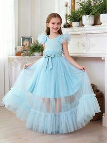 Vestido largo de satén y tul de unicolor para niñas con lazo en la cintura, elegante y para fiesta de cumpleaños, sin diadema - Azul - Ver 3