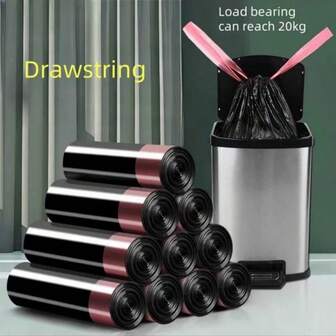2/5/7卷加厚抽绳垃圾袋，家用厨房大号黑色塑料袋，便携式垃圾袋，加厚设计，适用于客厅、卧室、浴室、厨房、酒店等场所。