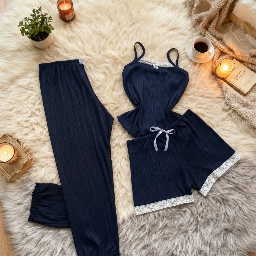 Women's 3-Piece Trio Pajama Set: Tank Top, Shorts, And Pants. Comfortable Ribbed Fabric. - Navy Blue - View 1