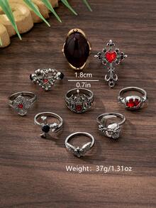 9件套复古哥特风星星、十字架、骷髅头水钻戒指，适合女性在派对或聚会上佩戴。