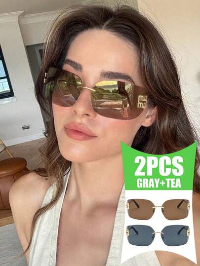 2 件装女士弧形一体式无框时尚眼镜，Y2K 复古时尚，适合夏季海滩度假、户外、旅行