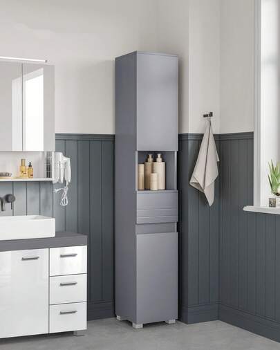Tall Bathroom Cabinet, Slim Storage Cabinet, Narrow Cupboard, Bathroom Storage Unit, With A Drawer, Adjustable Shelves, 30 X 30 X 170 Cm, Mystic Grey