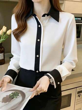 Blusa elegante de contraste de color para mujer ELVA, adecuada para la oficina, entrevistas y vuelta al colegio