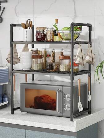 1 pieza Estante para horno microondas, material de plástico ABS ensanchado y reforzado, estante de almacenamiento para hornos y panificadoras, de doble capa con ganchos para agarraderas, estante de almacenamiento multifuncional para cocina, apto para la parte inferior del microondas y la capa superior para almacenar condimentos, platos y artículos varios, estante de almacenamiento de estilo abierto